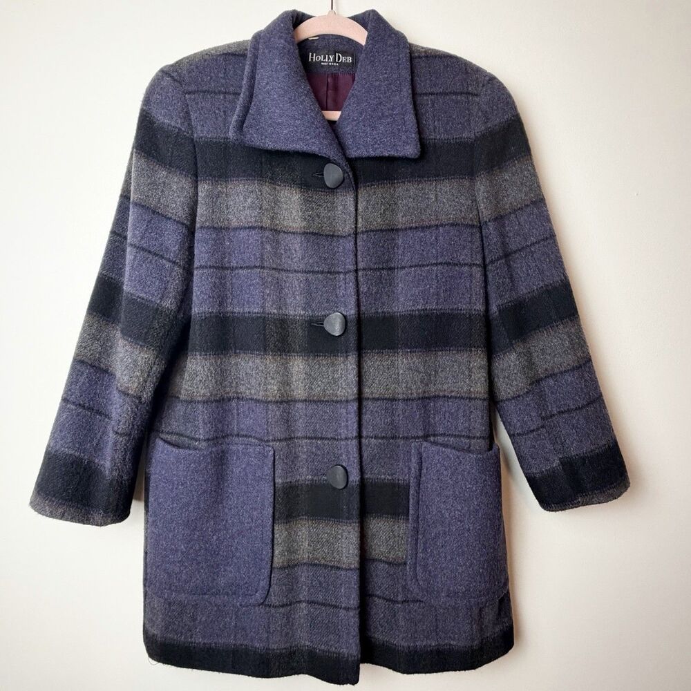 Holly Deb Vintage Wool Blend Coat Purple Gray Black Plaid Women’s L